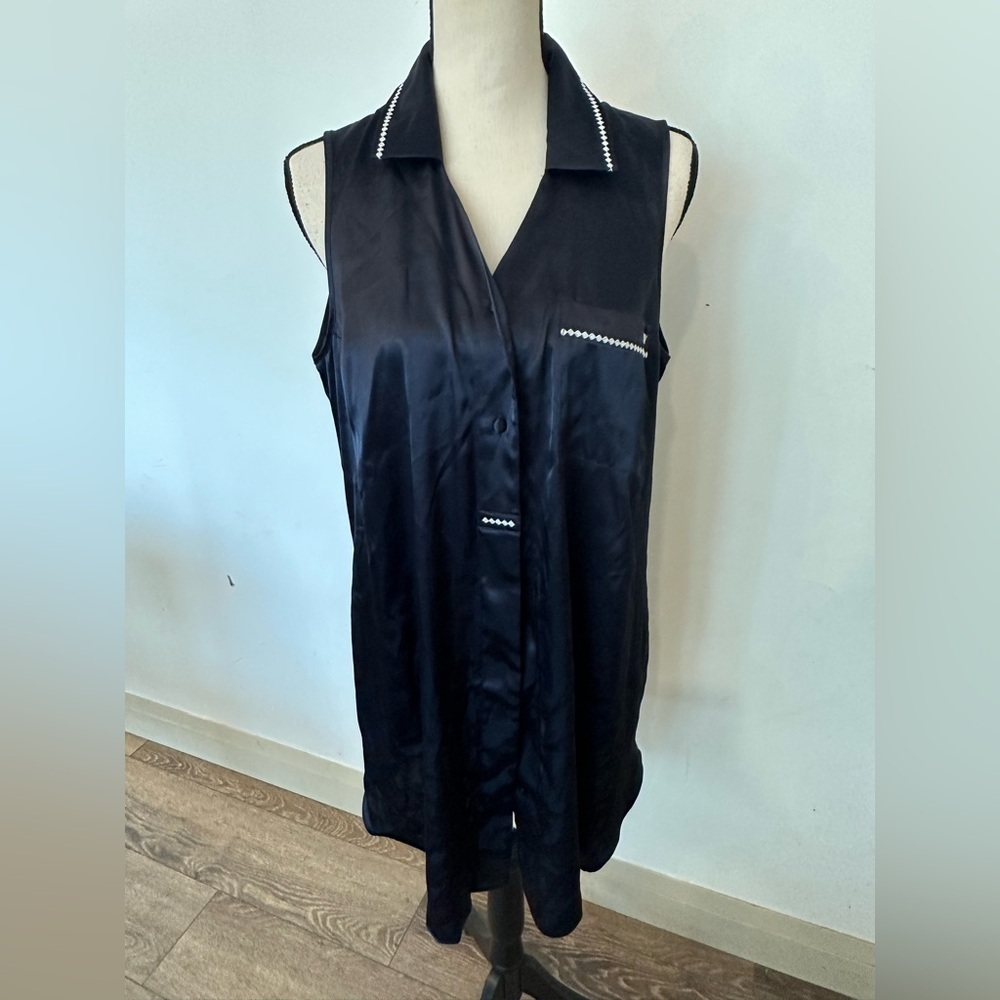 Jones, New York navy blue satin night dress with white embroidery on pocket L